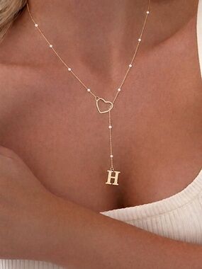 Initial H Heart Y Necklace | Pearl Beaded Lariat Minimalist Jewelry